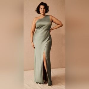 NWT BHLDN Sage Green One Shoulder Satin Side-Slit Gown sz16W
